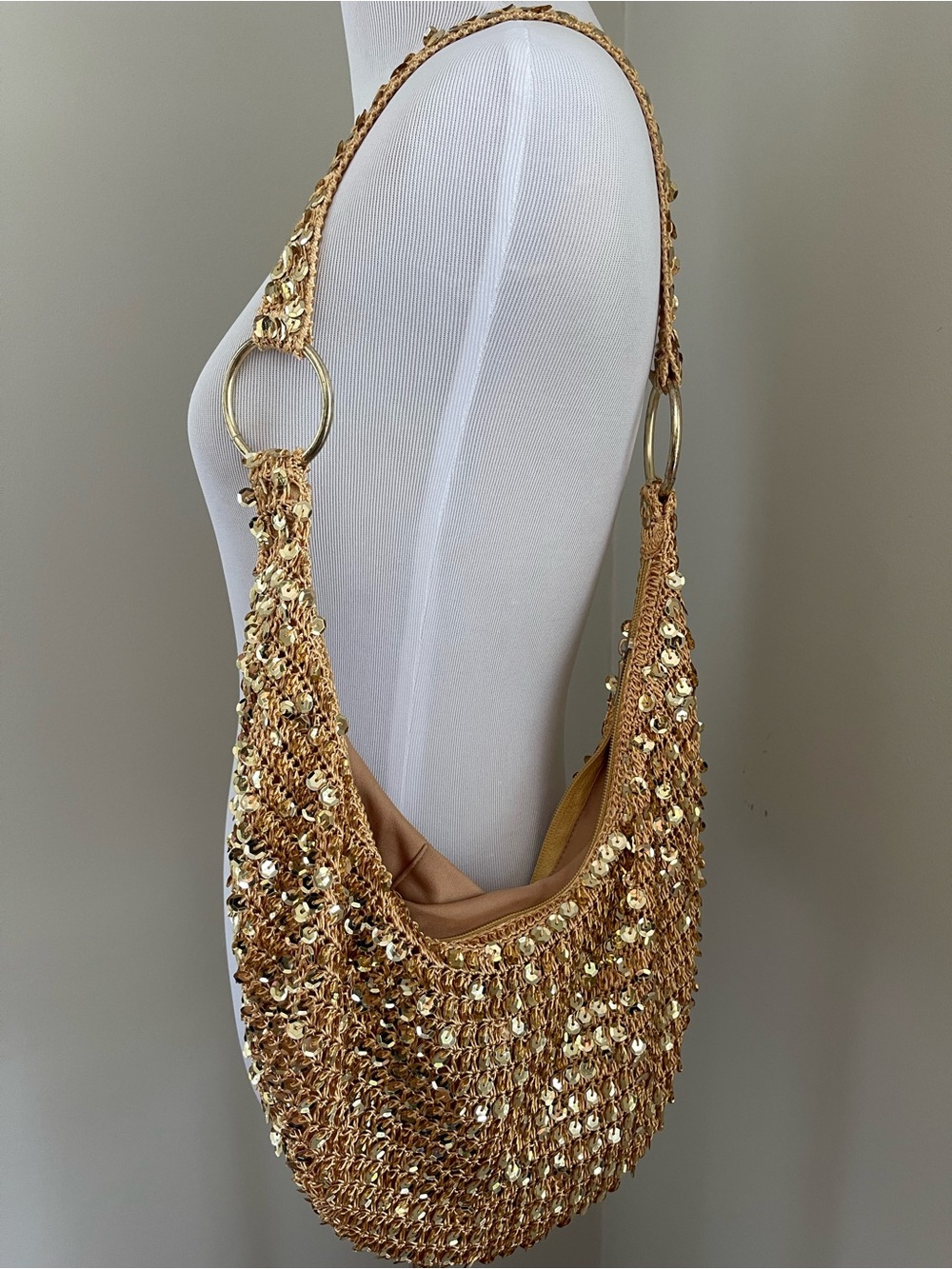 Fashion Express Gold Sequin Crochet Hobo Shoulder Bag Y2K - Picture 7 of 16